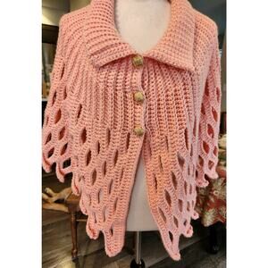 Vintage Crochet Granny Shawl Wrap Boho Hippie CottageCore Peach Small / Medium
